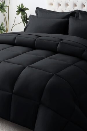 Full Comforter Set, Ultra-Soft Bed in a Bag Full Size 7 Pieces, Certified Bedding Set with Down Alternative Comforter, Sheets, Pillowcases & Shams, Black