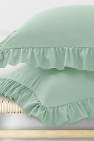 Ruffle Pillow Cases Standard Size Set of 2, Ruffled Pillow Covers with Envelope Closure, Wrinkle Resistant Pillowcases 20" x 26", Ruffled Pillow Shams, Sage Green