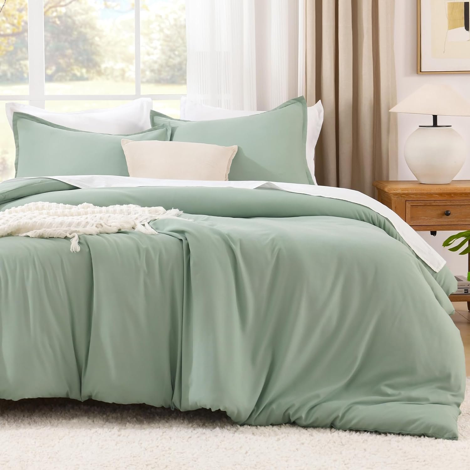 Comforter Full Size Set Sage Green, 3 Pieces Lightweight Bed Set, Solid Bedding Comforters Sets, Soft All Season Down Alternative Quilt Blanket - Image 2