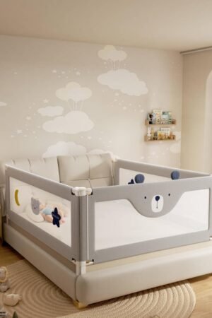 3 Piece Bed Rails for King Size Bed, No-Drill Needed Baby Bed Rail Guard for Toddlers with Height Adjustable, Thickened Child Safety Side Railing Guards/Bedrail for Kids, Grey Bear, 74.8x78.7x78.7in