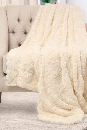 Soft & Comfortable Ivory Faux Fur Throw Blanket for Couch - (50"x65") Minky & Fluffy Fall Blankets & Throws, Plush Fuzzy Cover for Bed, Sofa & Living Room - Cozy Home Decor