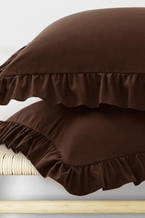 Ruffle Pillow Cases Standard Size Set of 2, Ruffled Pillow Covers with Envelope Closure, Wrinkle Resistant Ruffled Pillow Shams 20" x 26", Brown