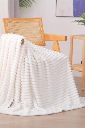 Cream White Fleece Throw Blanket 50”×60” for Couch Sofa Bed,Super Soft Cozy Plush Microfiber Flannel Blanket with Stripes Design Lightweight for Adults,Woman,Girls