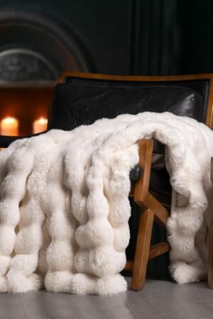 Ultra Soft Luxury Fluffy Faux Rabbit Fur Throw Blanket, Thick Warm Bubble Throw for Bed, Cozy Plush Reversible Blankets for Couch, Chair, Sofa, Ivory White, 60x80 Inches