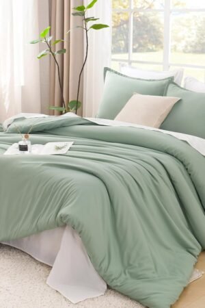 Comforter Full Size Set Sage Green, 3 Pieces Lightweight Bed Set, Solid Bedding Comforters Sets, Soft All Season Down Alternative Quilt Blanket