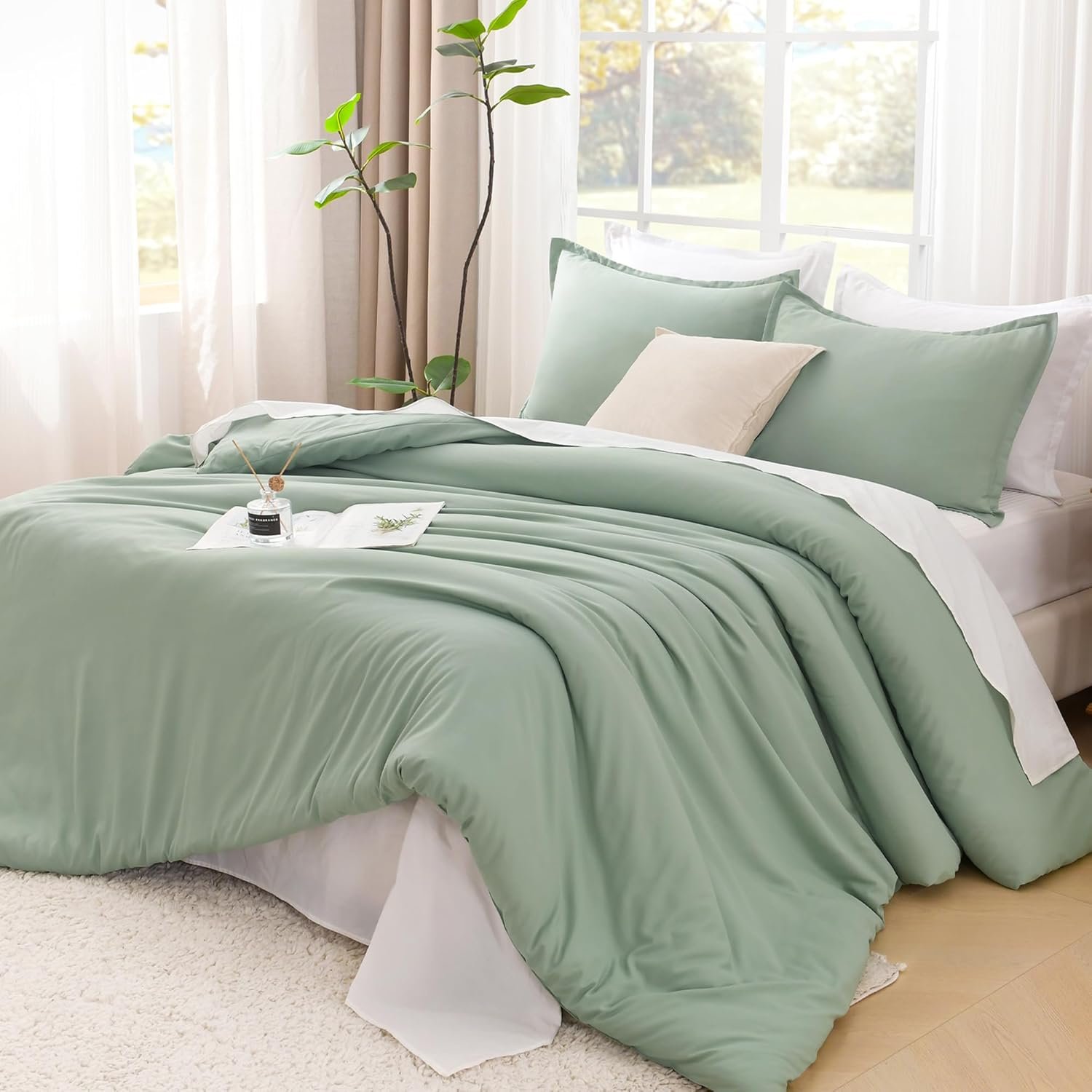 Comforter Full Size Set Sage Green, 3 Pieces Lightweight Bed Set, Solid Bedding Comforters Sets, Soft All Season Down Alternative Quilt Blanket
