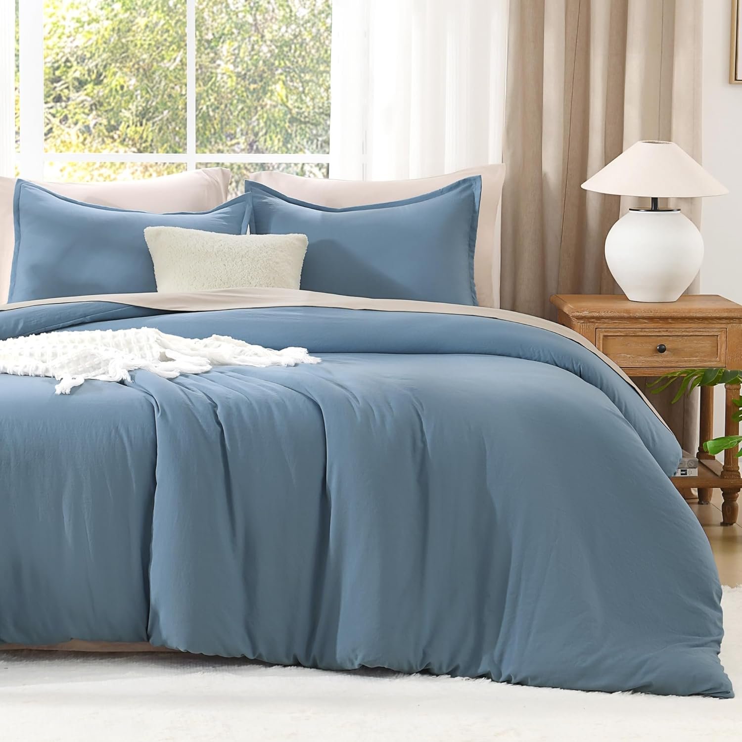 Full Size Comforter Sets Grayish Blue, 3 Pieces Lightweight Solid Bedding Comforter Set, All Season Fluffy Bed Set (79x90In Comforter & 2 Pillowcases) - Image 2