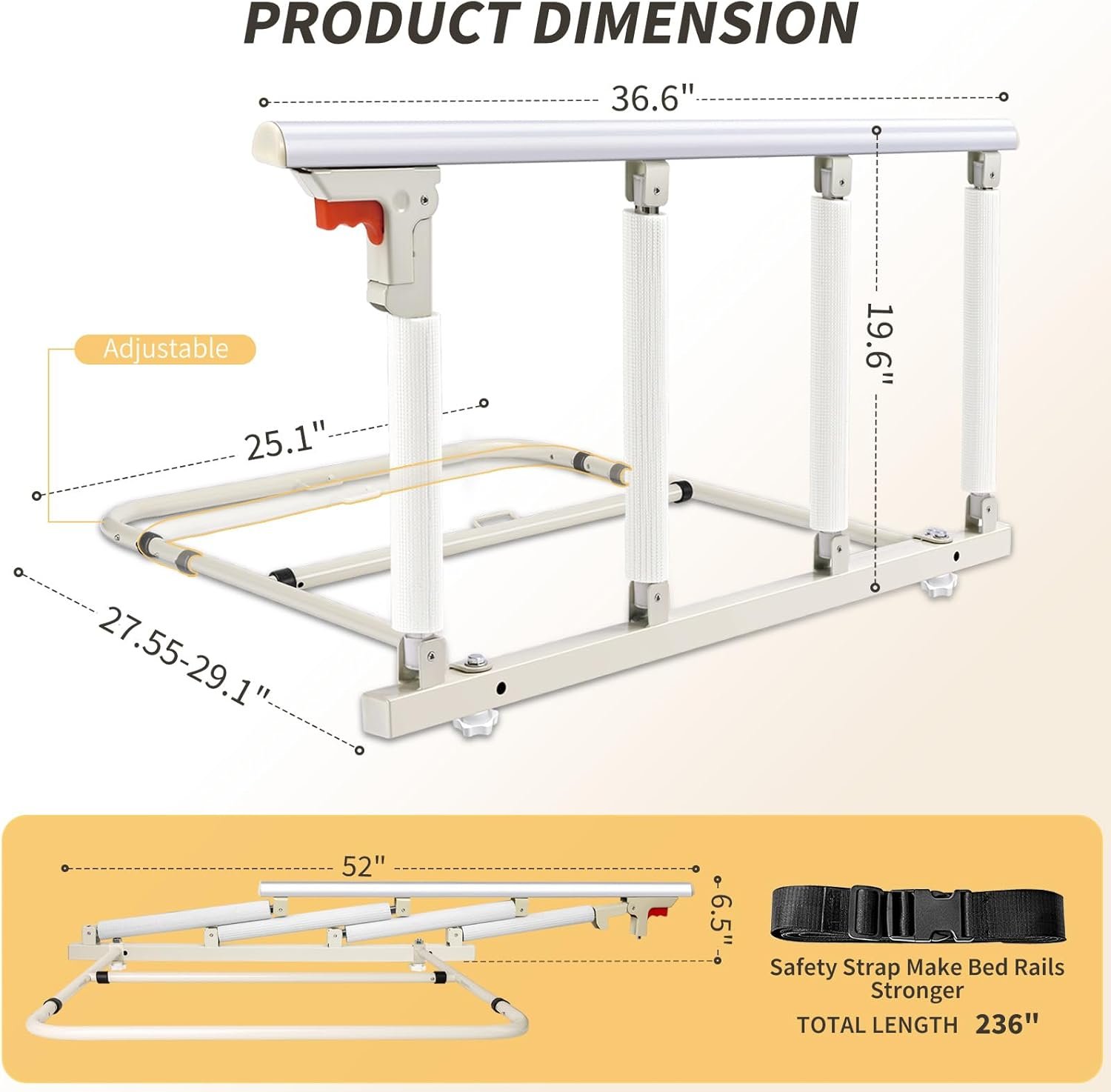 Bed Rails for Elderly Adults Safety, Folding Bed Assist Rails for Seniors, Bed Handle Bedside Assist Guard Rails for Adults, Fall Prevention Safety with Collapsible Bedrails, 37x20 - Image 2