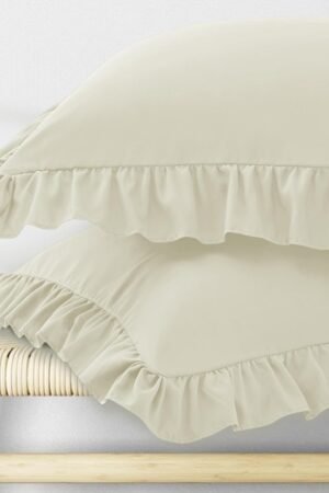 Ruffle Pillow Cases Standard Size Set of 2, Ruffled Pillow Covers with Envelope Closure, Wrinkle Resistant Ruffled Pillow Shams 20" x 26", Beige