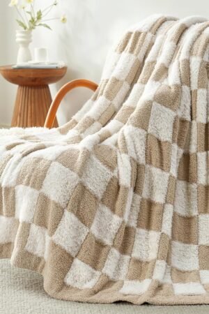 Fall Checkered Throw Blanket Faux Fur Microfiber Blankets for Couch,Cozy Soft Warm Blanket for Sofa Bedroom Living Room,Beige Checker,50x60 inches