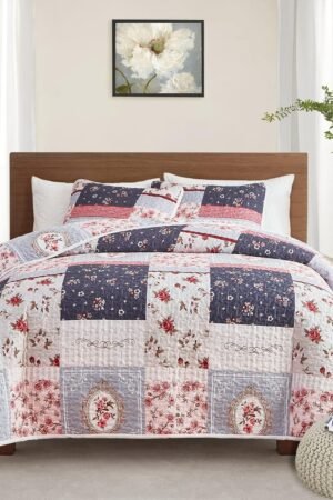 Patchwork Quilt Set King Size, 3 Pieces Pink Purple Floral Plaid Summer Bedspread Coverlet Set, Soft Microfiber Reversible Lightweight Bed Cover for All Season (102" x 90", 1 Quilt+ 2 Pillow Shams)