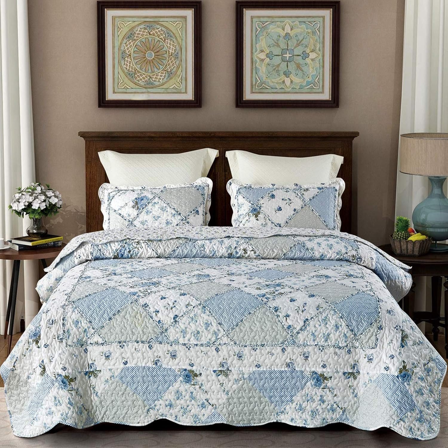 Blue Floral Patchwork Quilt Set, Full Queen Size, 3 Piece Bedding Set with 2 Pillowcases - Image 2