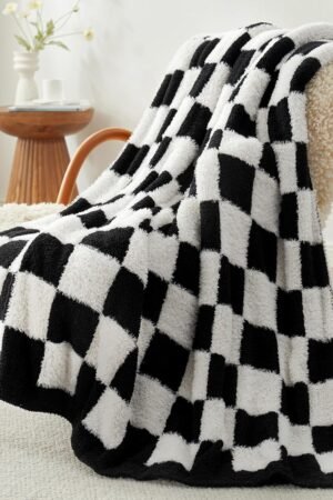 Faux Fur Throw Blanket for Couch,Black Checker Blanket, Cozy Soft Warm Blankets for Sofa, Bedroom, Living Room, Black Checker,50x60 inches