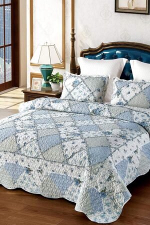 Blue Floral Patchwork Quilt Set, Full Queen Size, 3 Piece Bedding Set with 2 Pillowcases