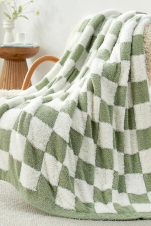 Sage Green Checkered Throw Blanket Faux Fur Knitted with Microfiber Yarn, Cozy Soft Warm Spring Blankets for Couch,Sofa,Bedroom,Sage Green Checker,50x60 inches