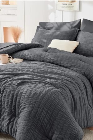 Queen Comforter Set Seersucker 7 Pieces, All Season Luxury Bed in a Bag for Bedroom, Bedding Set with Comforters, Sheets, Pillowcases & Shams, Dark Grey