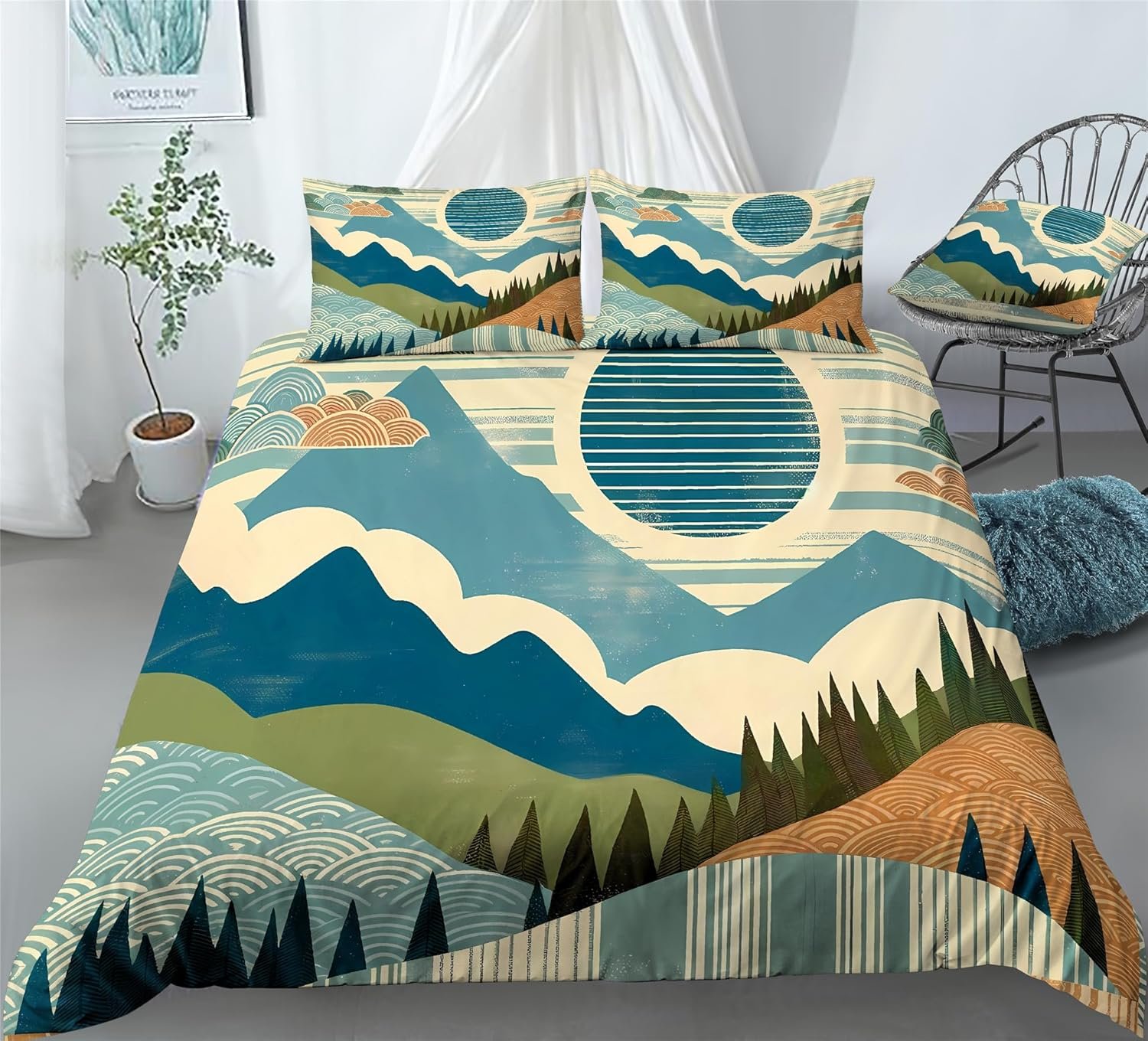Mountain Forest Natural Scenery Duvet Cover Set Bedding Girl Boy Kids Bed Sets 2/3/4PCS Quilt Covers/Sheets/Pillow Shams,Twin/Full/Queen/King (C,Twin-172x218cm-3PCS) - Image 2