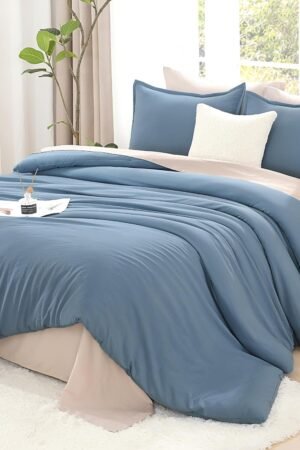 Full Size Comforter Sets Grayish Blue, 3 Pieces Lightweight Solid Bedding Comforter Set, All Season Fluffy Bed Set (79x90In Comforter & 2 Pillowcases)