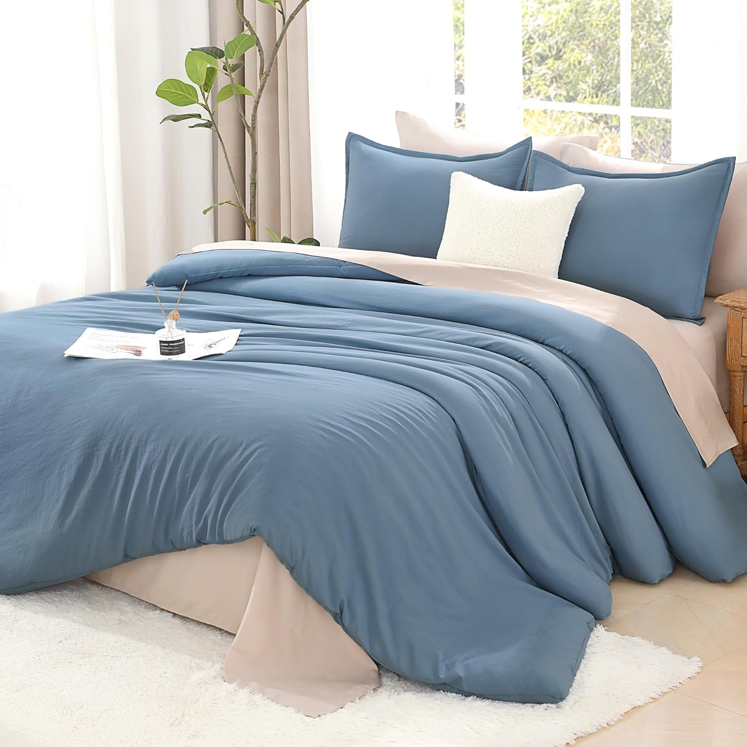 Full Size Comforter Sets Grayish Blue, 3 Pieces Lightweight Solid Bedding Comforter Set, All Season Fluffy Bed Set (79x90In Comforter & 2 Pillowcases)