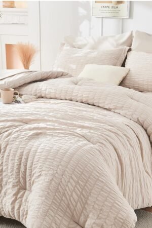 Beige Queen Comforter Set Seersucker 7 Pieces, All Season Luxury Bed in a Bag for Bedroom, Bedding Set with Comforters, Sheets, Pillowcases & Shams
