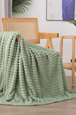 Sage Green Fleece Throw Blanket 50”×60” for Couch Sofa Bed,Super Soft Cozy Plush Microfiber Flannel Blanket with Stripes Design Lightweight for Adults,Woman,Girls