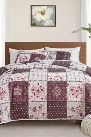 Patchwork Quilt Set Full/Queen Size, 3 Pieces Brown Floral Plaid Summer Bedspread Coverlet Set, Soft Microfiber Reversible Lightweight Bed Cover for All Season (90" x 90", 1 Quilt+ 2 Pillow Shams)
