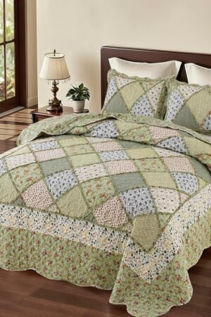Full Queen Size Green Patchwork Quilt Set Reversible Quilted Bedspread Coverlet Set 3-Piece Floral Lightweight Comforter Stitched Bedding Set Bed Sheet Set Cover Blanket with 2 Pillow Shams