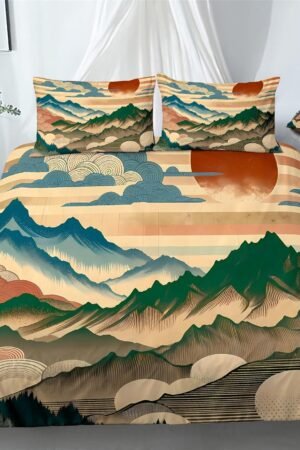 Hawthorn Duvet Cover Set 3D Bedding Japan Forest Mountain River Bed Sets 2/3/4PCS Quilt Covers/Sheets/Pillow Shams,Twin/Full/Queen/King (Twin-172x218cm-3PCS,H)