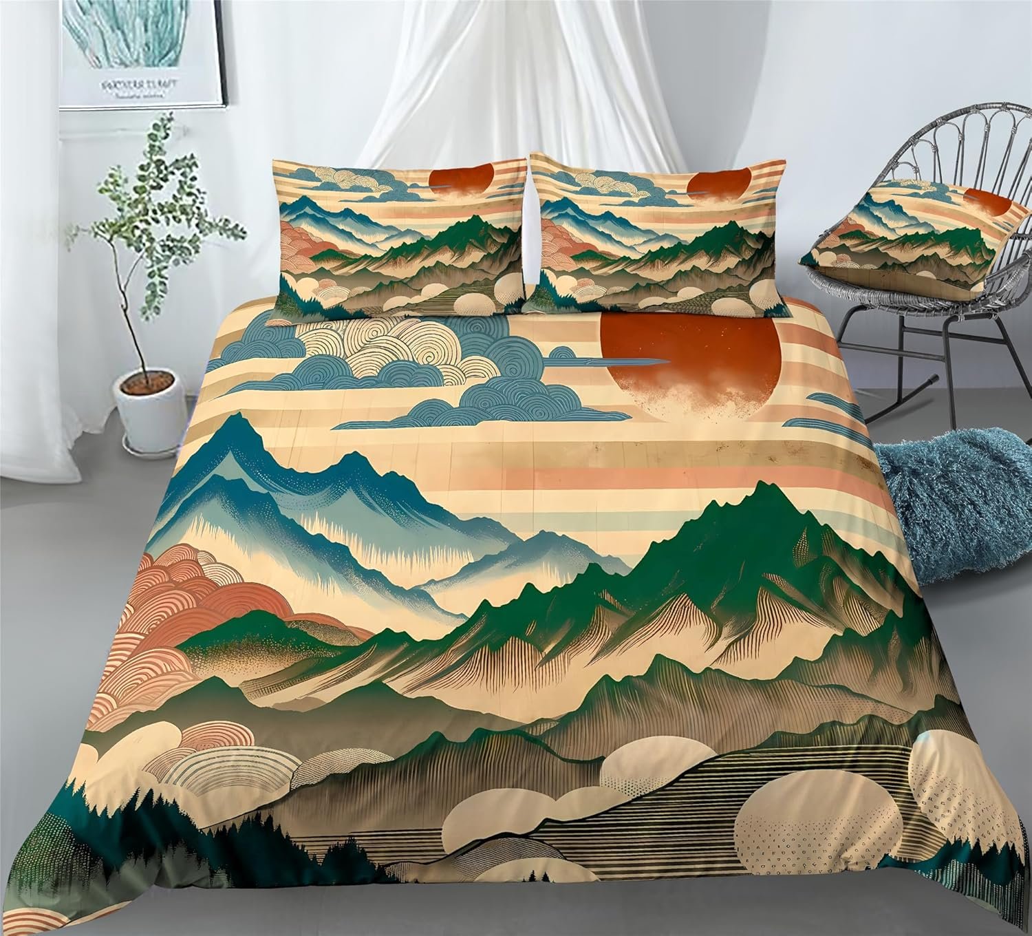 Hawthorn Duvet Cover Set 3D Bedding Japan Forest Mountain River Bed Sets 2/3/4PCS Quilt Covers/Sheets/Pillow Shams,Twin/Full/Queen/King (Twin-172x218cm-3PCS,H)