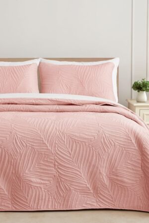 Queen Quilt Bedding Set, Lightweight Blush Pink Quilts Queen Full Size for All Seasons, Soft Microfiber Bedspreads Coverlets Bed Cover with Leaf Pattern, 3 Piece