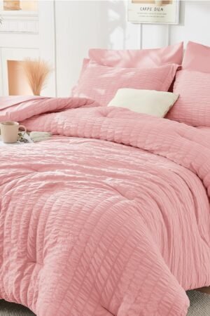 Rose Pink Queen Comforter Set Seersucker 7 Pieces, All Season Luxury Bed in a Bag Queen for Bedroom, Bedding Set with Comforter, Sheets, Pillowcases & Shams