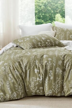 Queen Comforter Set - Olive Green Bed Set, 3 Pieces Cute Floral Bedding, 1 Soft Reversible Botanical Flowers Comforter and 2 Pillow Shams