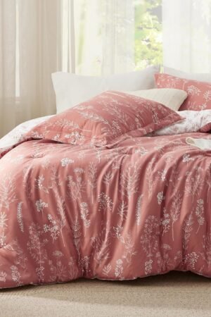 Queen Comforter Set - Grayish Pink Bed Set, 3 Pieces Cute Floral Bedding, 1 Soft Reversible Botanical Flowers Comforter and 2 Pillow Shams